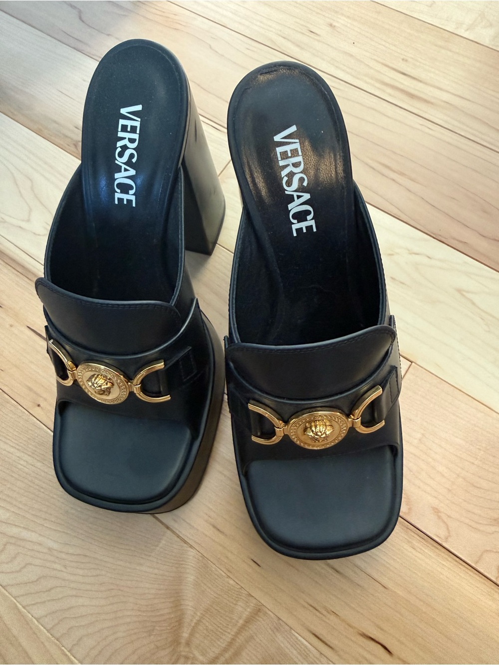 Versace Black Leather Platform Mules with Gold Medallion